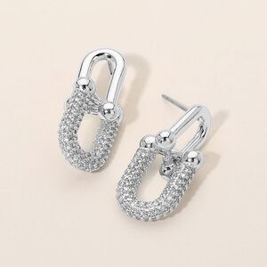 Silver Industrial Chain Link CZ Dangle Drop Earrings 1.1 Inch Metal Jewelry